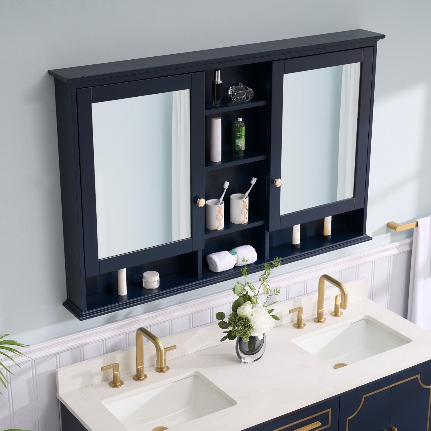 WELLFOR ART Solid Wood 55-in x 35-in Surface Mount Navy Blue Mirrored Soft Close Medicine Cabinet