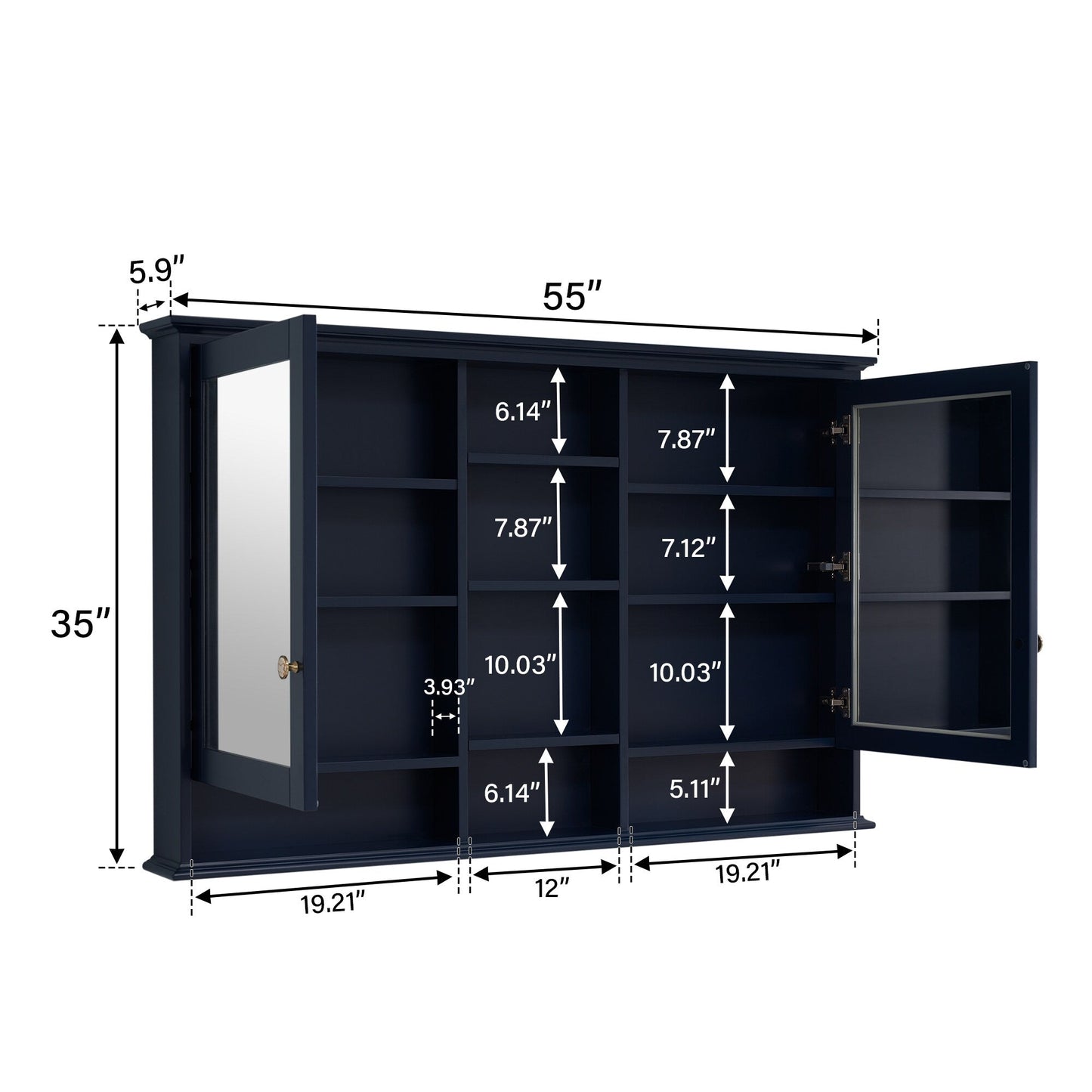 WELLFOR ART Solid Wood 55-in x 35-in Surface Mount Navy Blue Mirrored Soft Close Medicine Cabinet
