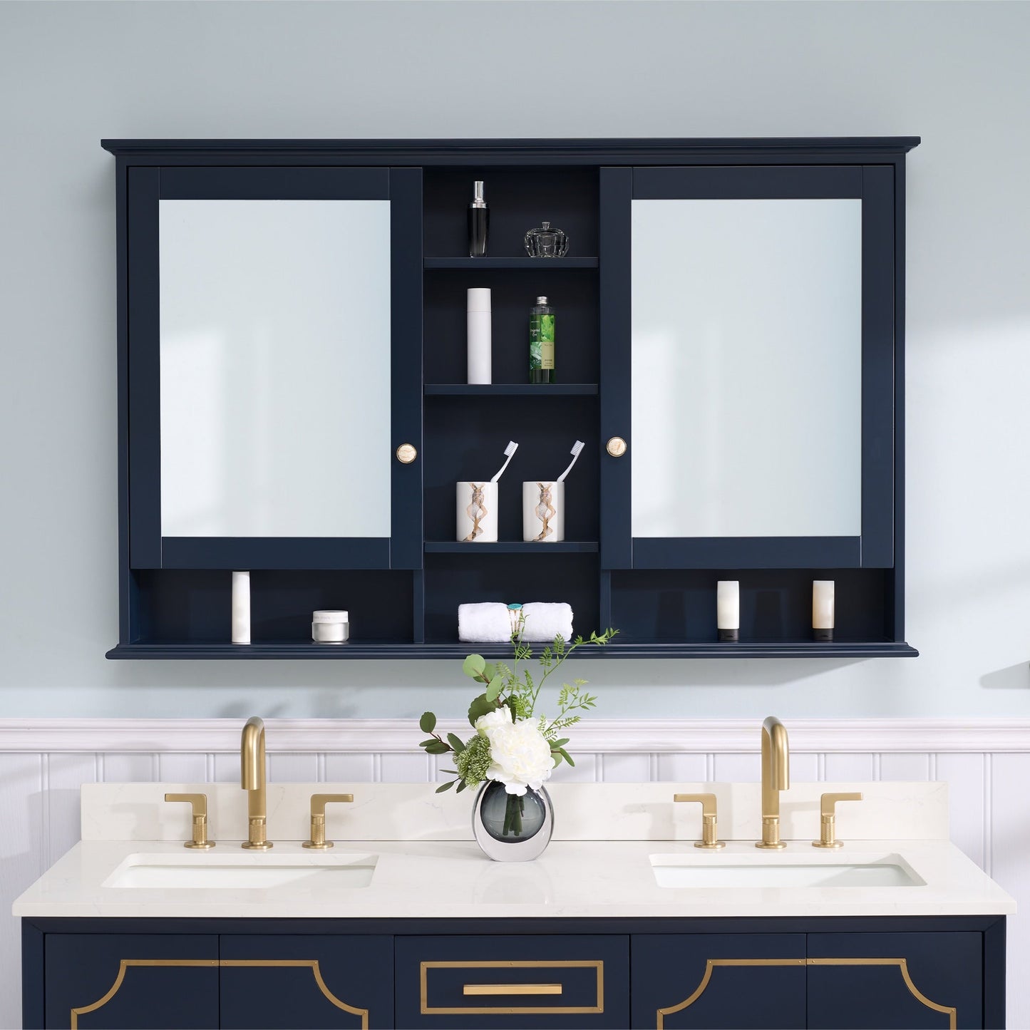 WELLFOR ART Solid Wood 55-in x 35-in Surface Mount Navy Blue Mirrored Soft Close Medicine Cabinet