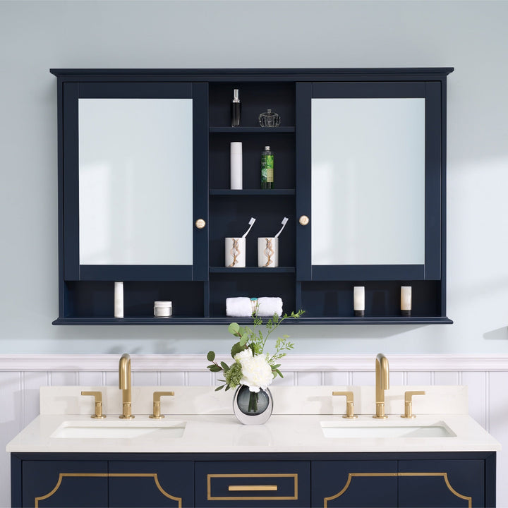 WELLFOR ART Solid Wood 55-in x 35-in Surface Mount Navy Blue Mirrored Soft Close Medicine Cabinet