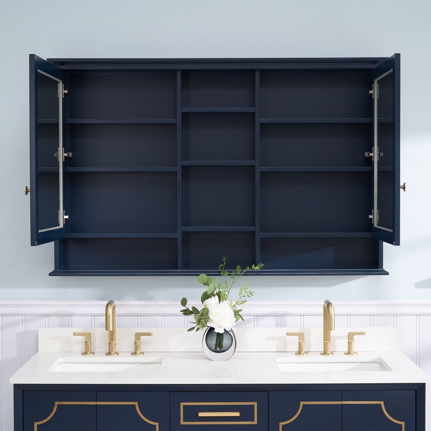 WELLFOR ART Solid Wood 55-in x 35-in Surface Mount Navy Blue Mirrored Soft Close Medicine Cabinet