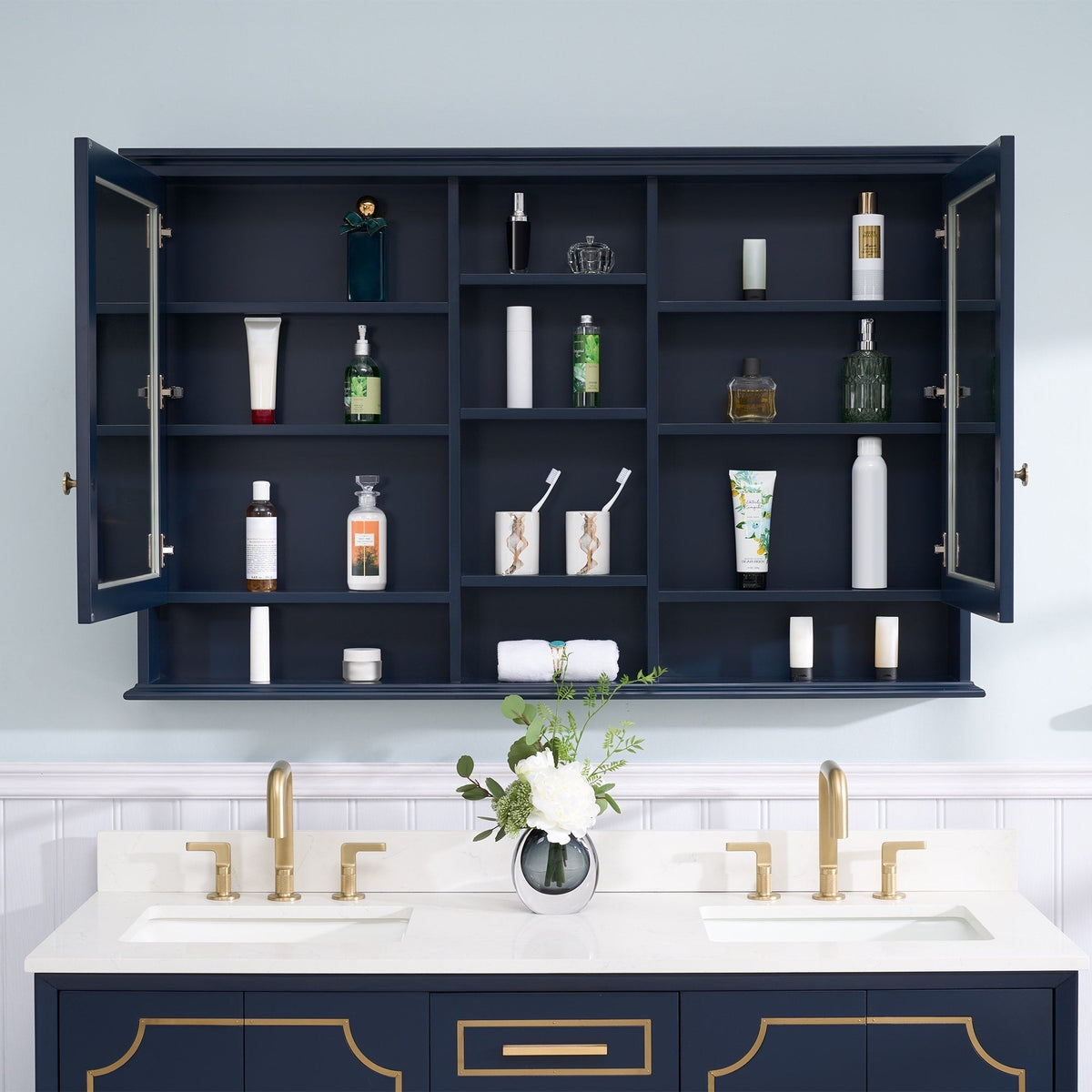 WELLFOR ART Solid Wood 55-in x 35-in Surface Mount Navy Blue Mirrored Soft Close Medicine Cabinet
