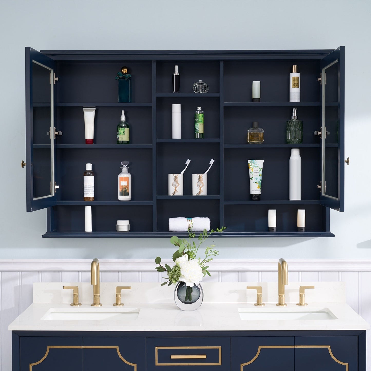 WELLFOR ART Solid Wood 55-in x 35-in Surface Mount Navy Blue Mirrored Soft Close Medicine Cabinet