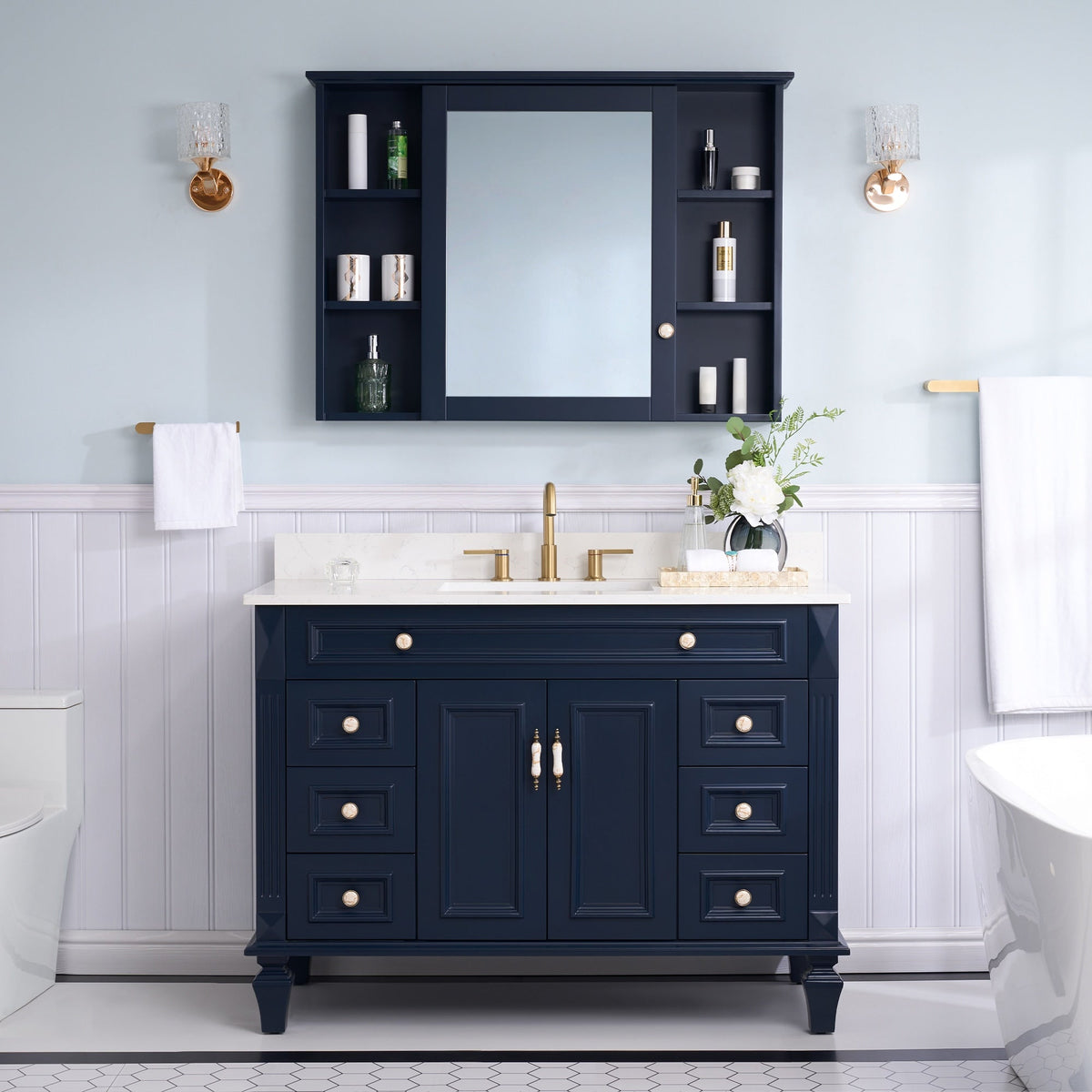 WELLFOR ART Solid Wood 42-in x 30-in Surface Mount Navy Blue Mirrored Soft Close Medicine Cabinet