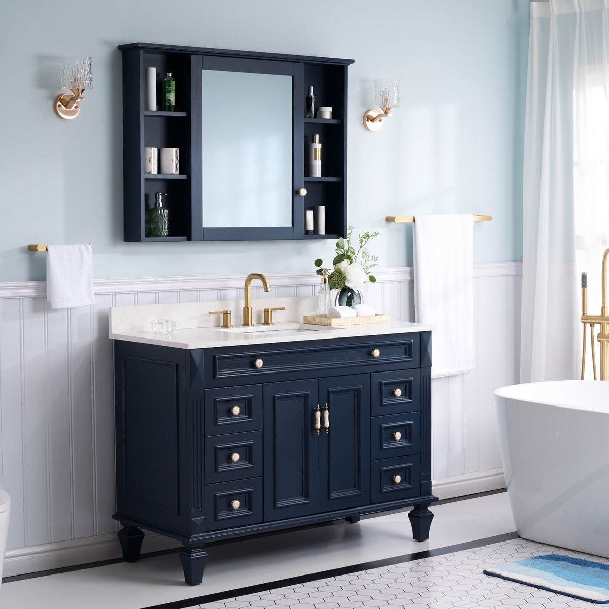 WELLFOR ART Solid Wood 42-in x 30-in Surface Mount Navy Blue Mirrored Soft Close Medicine Cabinet