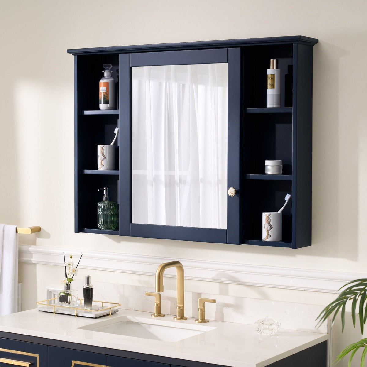 WELLFOR ART Solid Wood 42-in x 30-in Surface Mount Navy Blue Mirrored Soft Close Medicine Cabinet