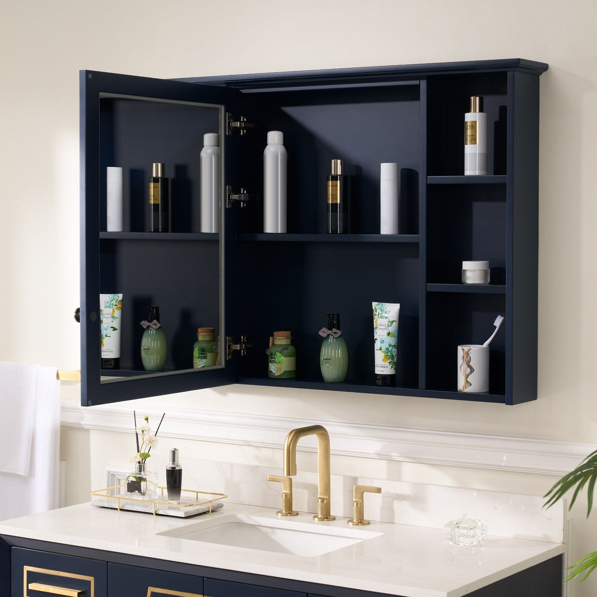 WELLFOR ART Solid Wood 42-in x 30-in Surface Mount Navy Blue Mirrored Soft Close Medicine Cabinet