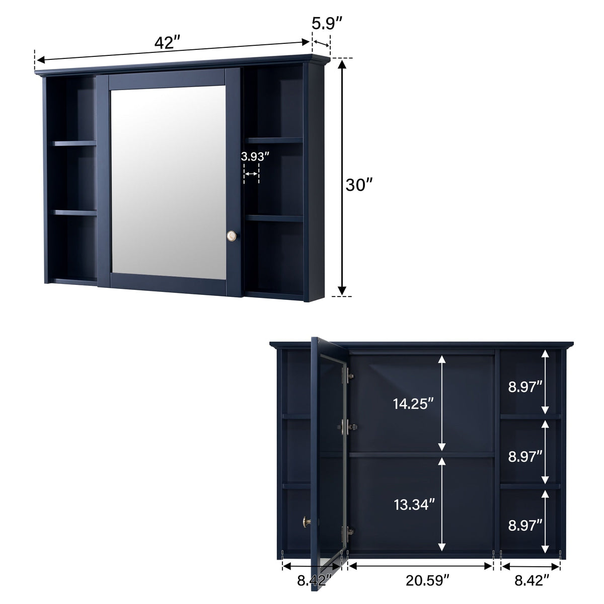 WELLFOR ART Solid Wood 42-in x 30-in Surface Mount Navy Blue Mirrored Soft Close Medicine Cabinet