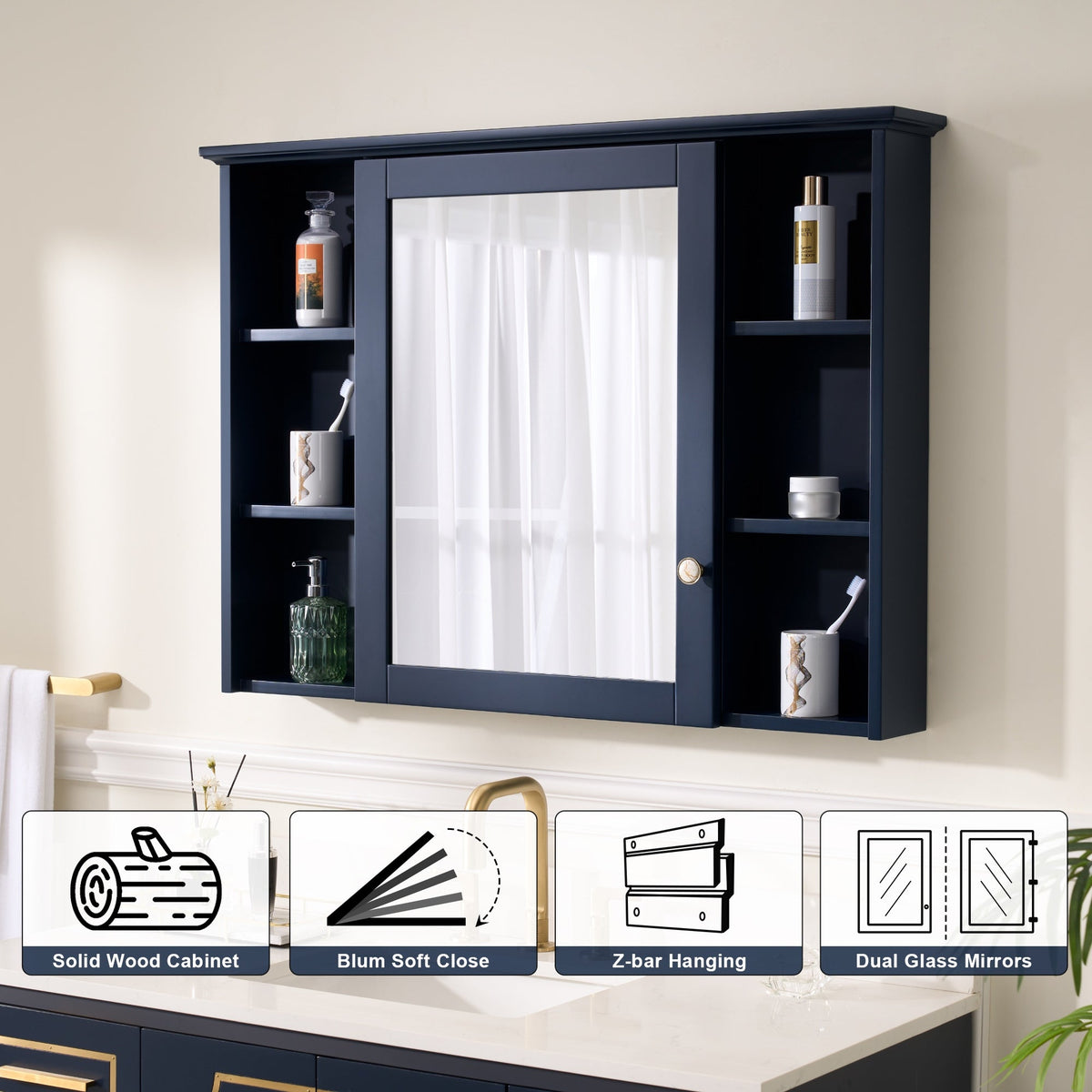 WELLFOR ART Solid Wood 42-in x 30-in Surface Mount Navy Blue Mirrored Soft Close Medicine Cabinet