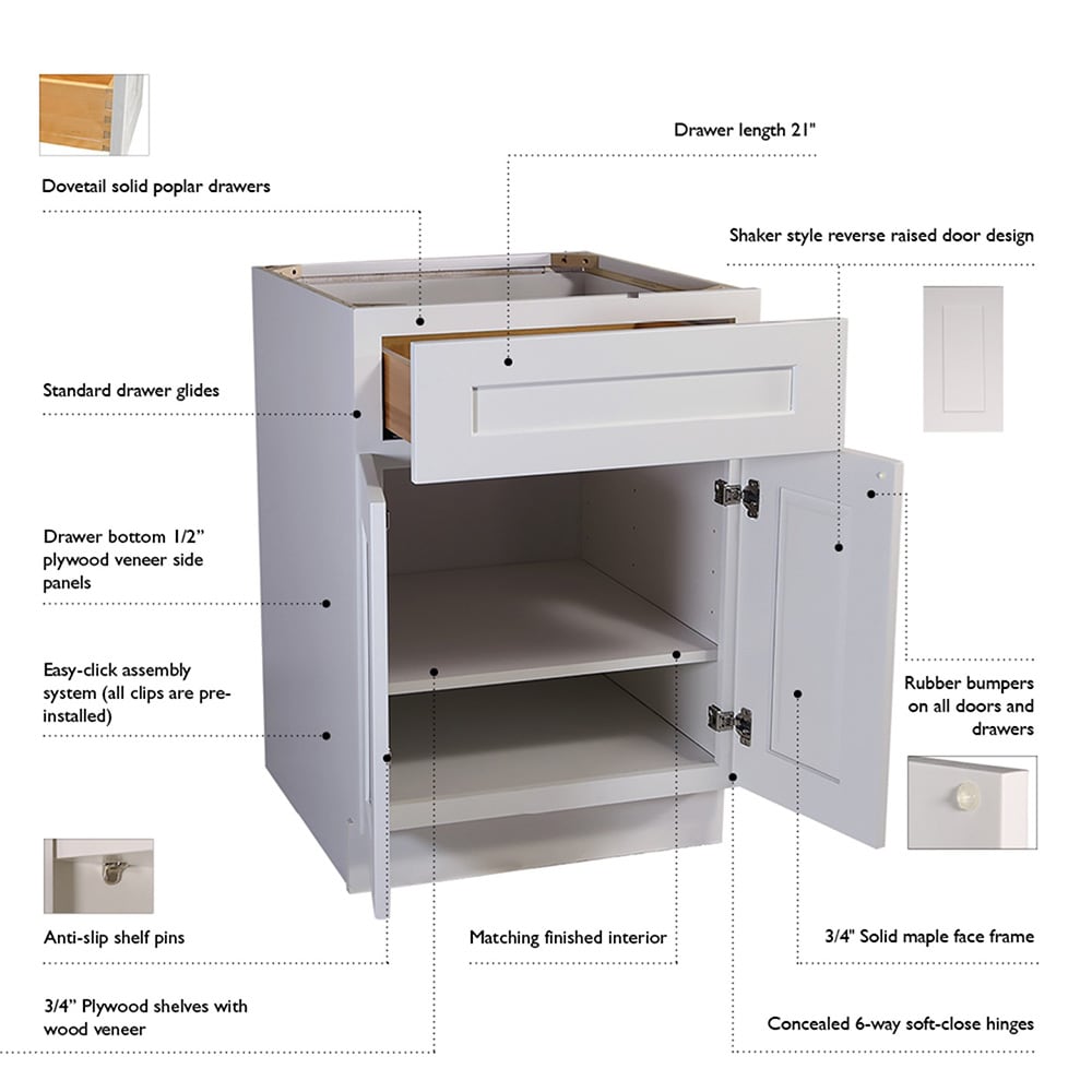 Design House Brookings 15-in W x 34.5-in H x 24-in D White Maple L-shaped 1-Drawer Base Fully Assembled Plywood Cabinet (Recessed Panel Shaker Style)