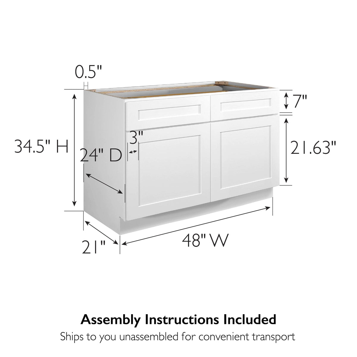 Design House Brookings 48-in W x 34.5-in H x 24-in D White Maple 2-Drawers Base Ready To Assemble Plywood Cabinet (Recessed Panel Shaker Style)