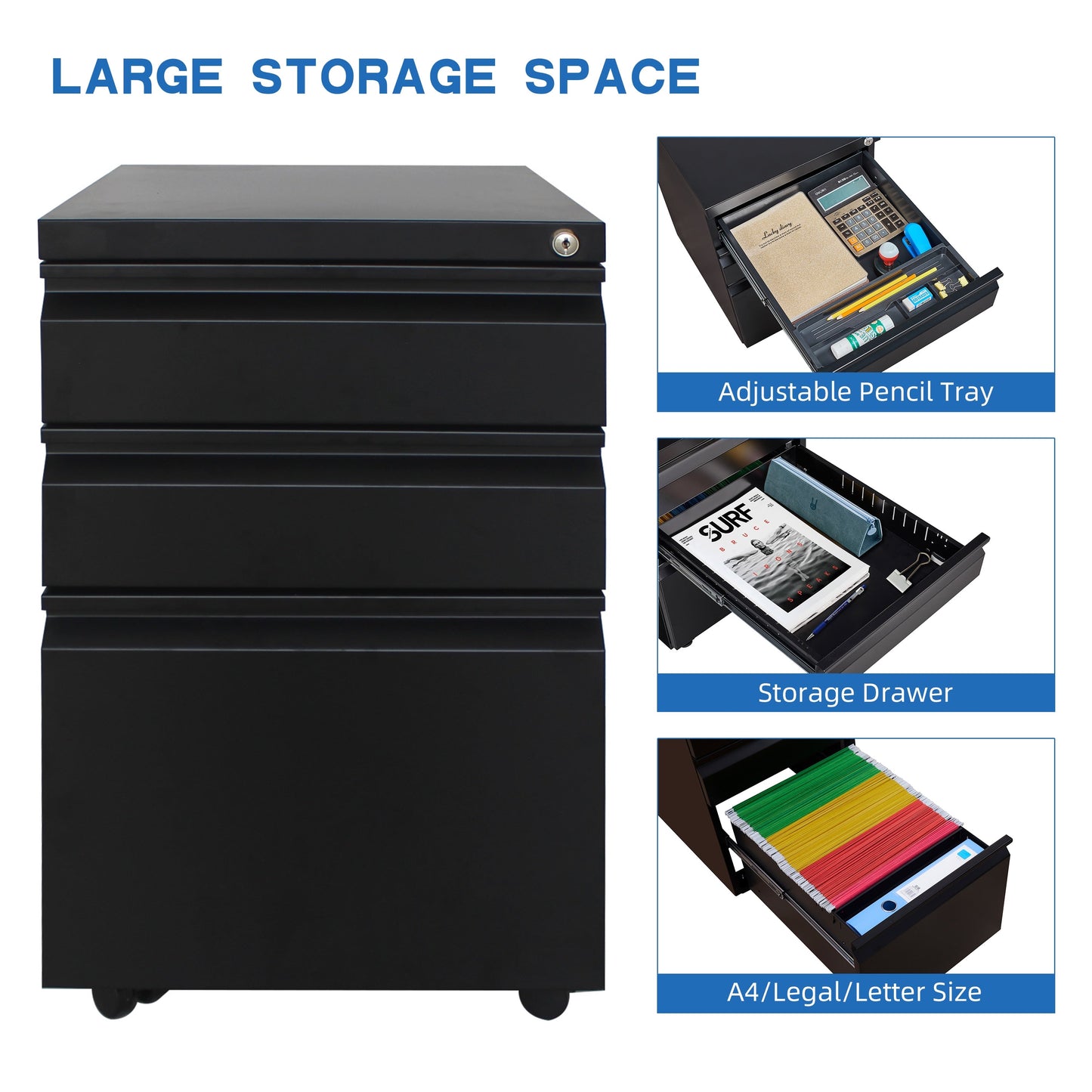 GZMR Contemporary 3 Drawer File Cabinet with Lock, Metal Vertical Filing Cabinet, Black, Increased Capacity, Smooth Operation, Secure Interlock System