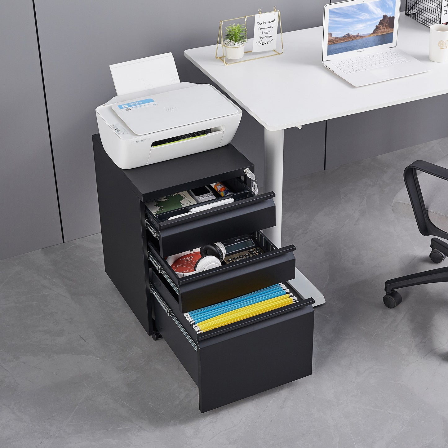 GZMR Contemporary 3 Drawer File Cabinet with Lock, Metal Vertical Filing Cabinet, Black, Increased Capacity, Smooth Operation, Secure Interlock System