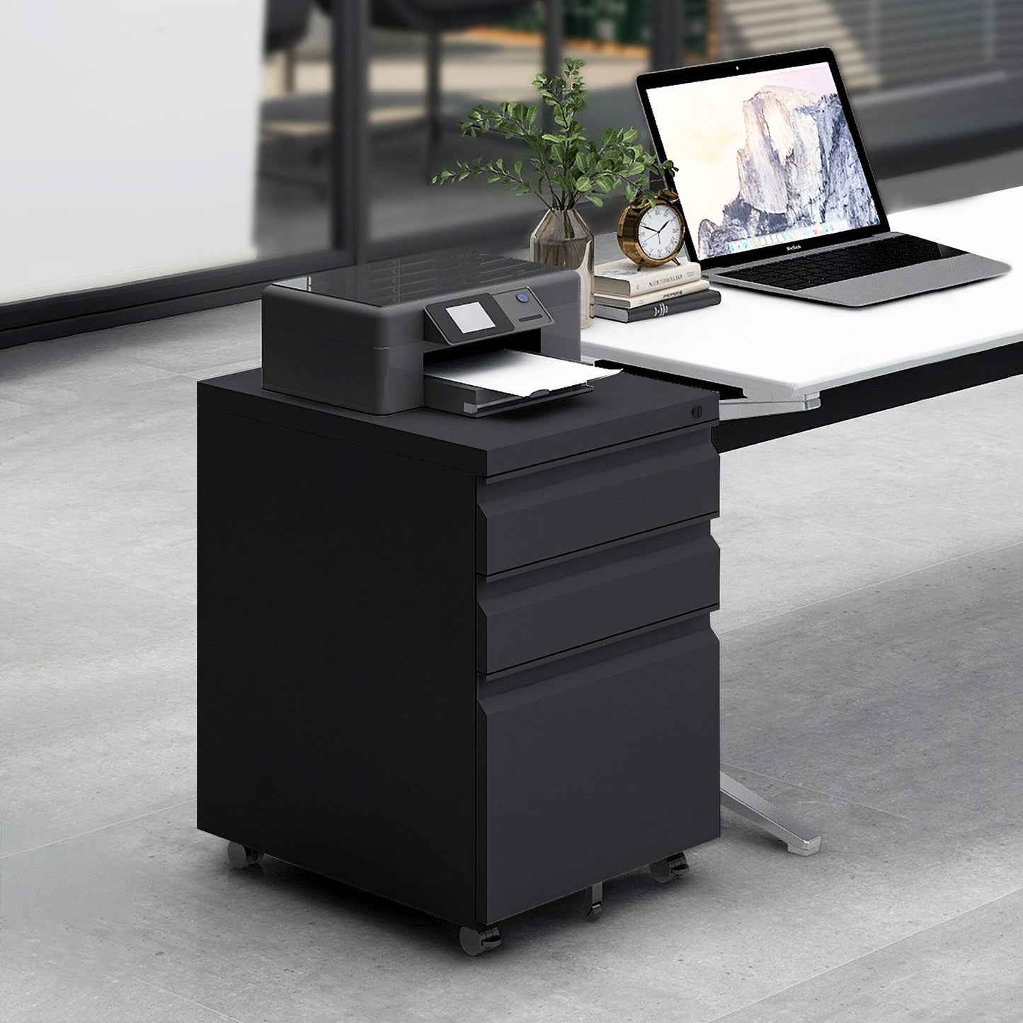 GZMR Contemporary 3 Drawer File Cabinet with Lock, Metal Vertical Filing Cabinet, Black, Increased Capacity, Smooth Operation, Secure Interlock System