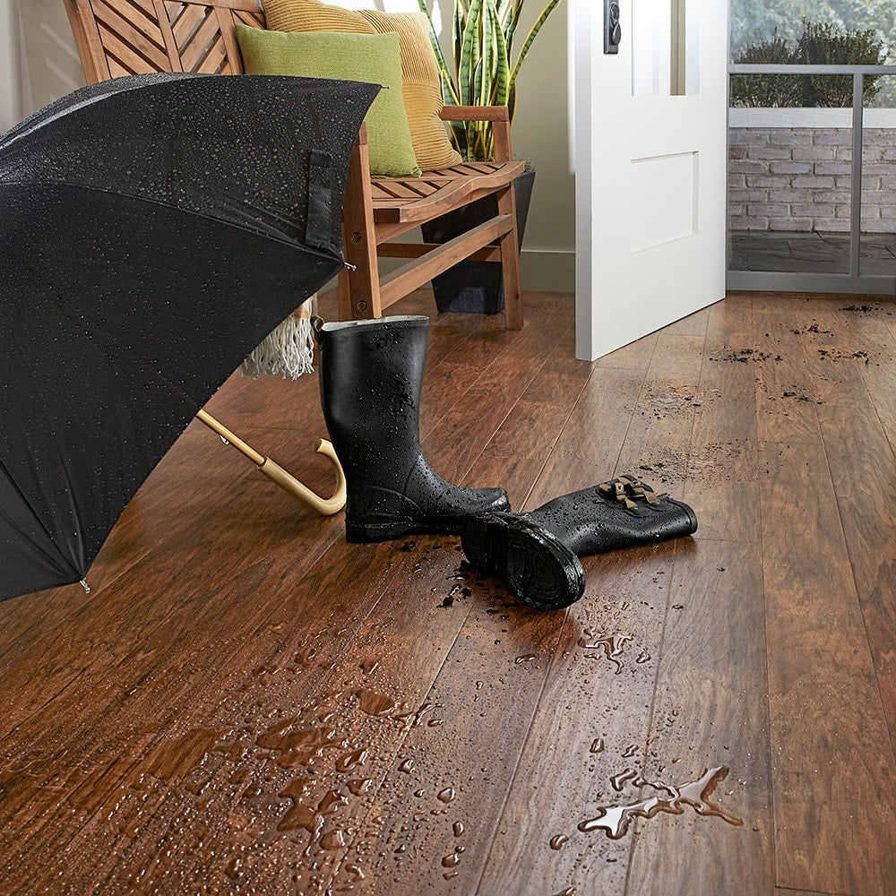QuickStep Studio + Spill Repel Toasted Chestnut 4.85-in W x 3.93-ft L Handscraped Waterproof Laminate Flooring, 12-mm Total Thickness