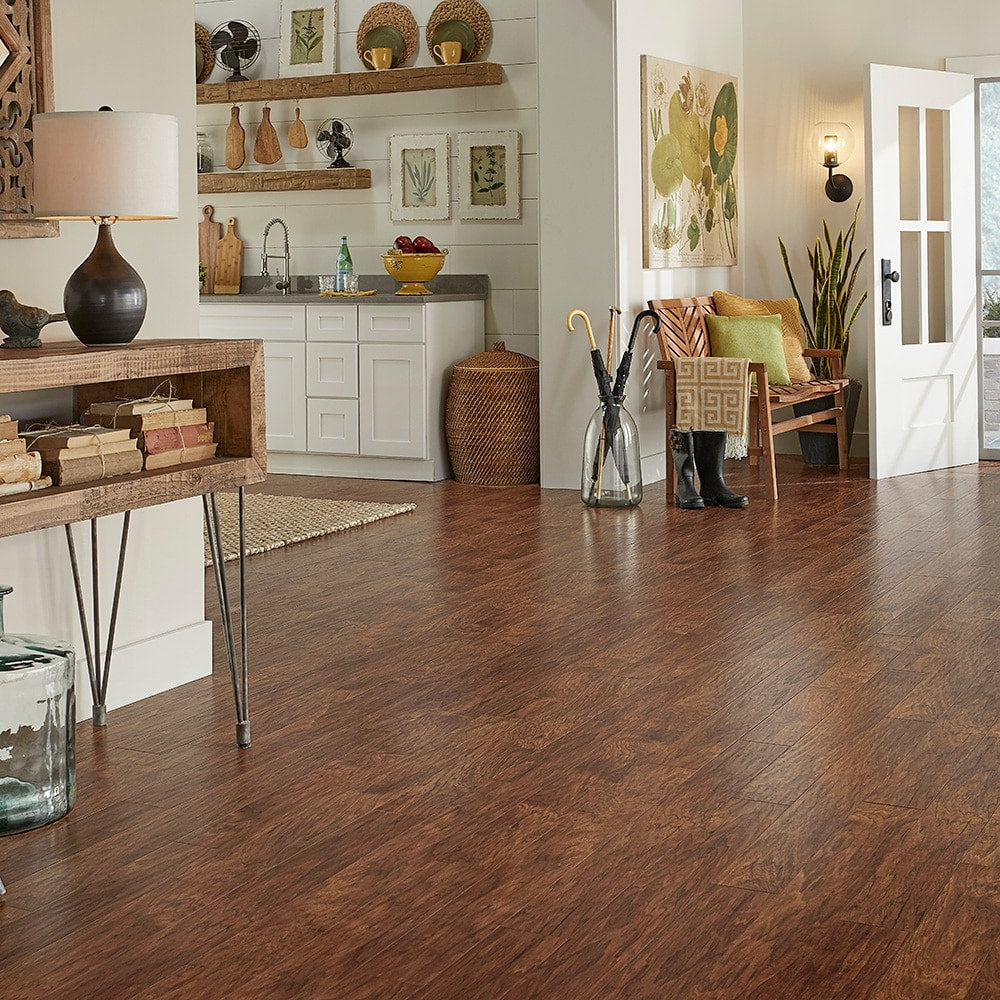 QuickStep Studio + Spill Repel Toasted Chestnut 4.85-in W x 3.93-ft L Handscraped Waterproof Laminate Flooring, 12-mm Total Thickness