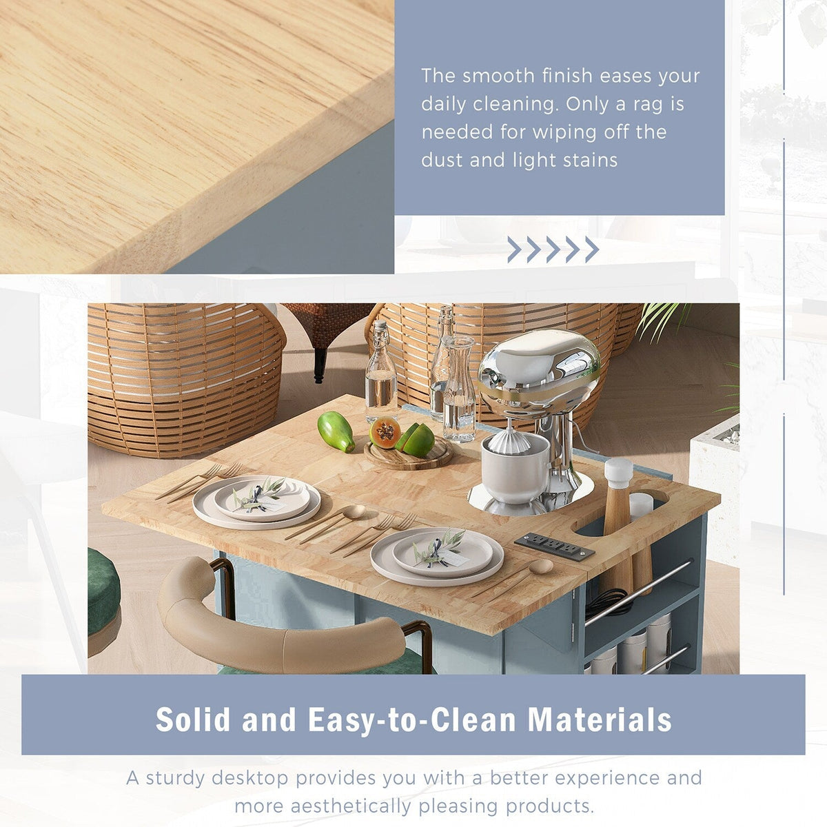 SINOFURN Blue Mdf Base with Wood Top Rolling Kitchen Cart (29.3-in x 39.8-in x 33.7-in)