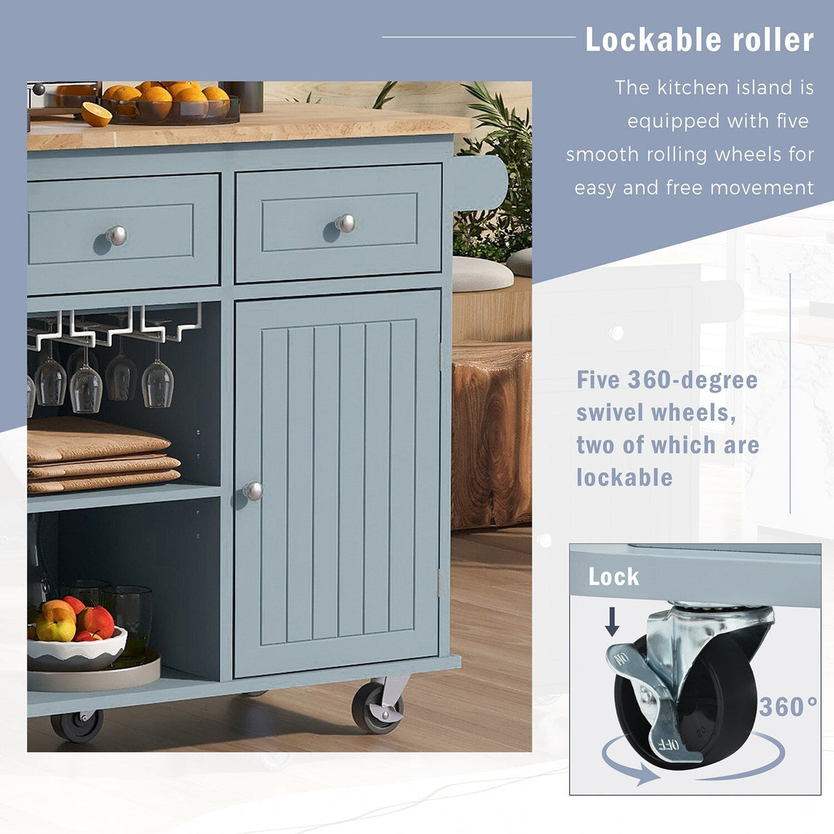 SINOFURN Blue Mdf Base with Wood Top Rolling Kitchen Cart (29.3-in x 39.8-in x 33.7-in)
