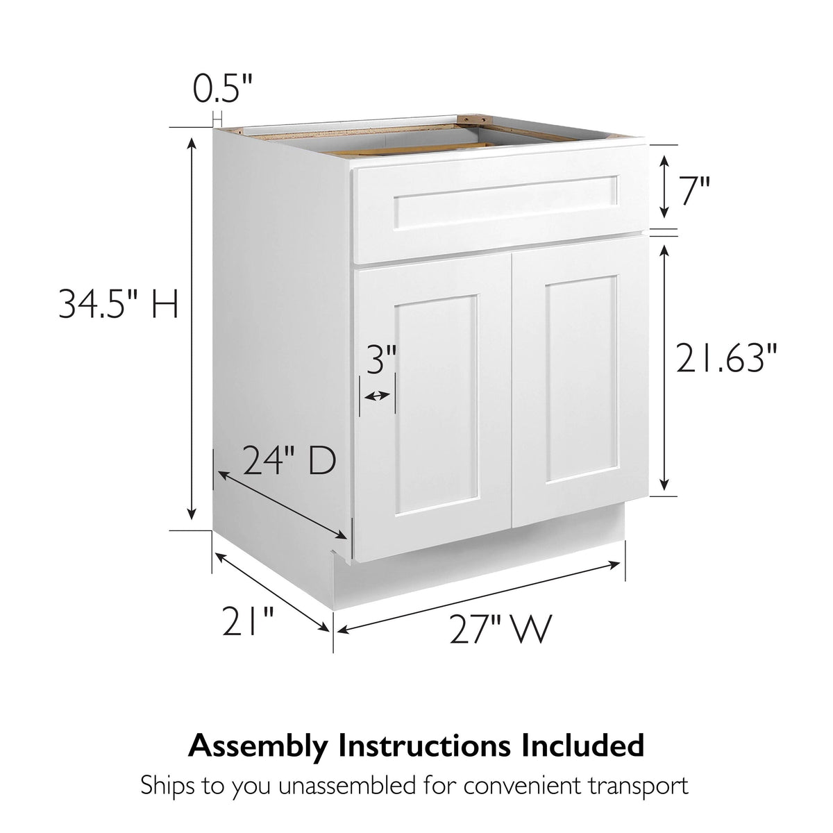 Design House Brookings 27-in W x 34.5-in H x 24-in D White Maple 1-Drawer Base Fully Assembled Plywood Cabinet (Recessed Panel Shaker Style)