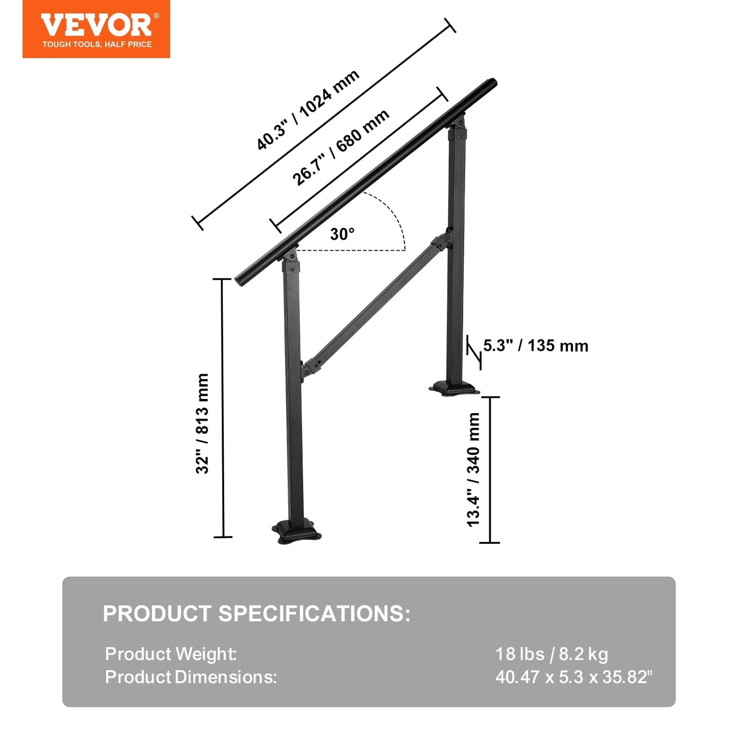 VEVOR Double column handrail 3.37-ft x 35.82-in Carbon Steel Deck Stair Rail Kit