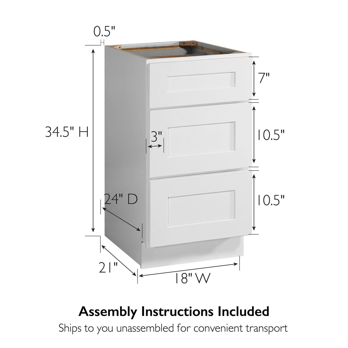 Design House Brookings 18-in W x 34.5-in H x 24-in D White Maple 3-Drawer Base Fully Assembled Plywood Cabinet (Recessed Panel Style)
