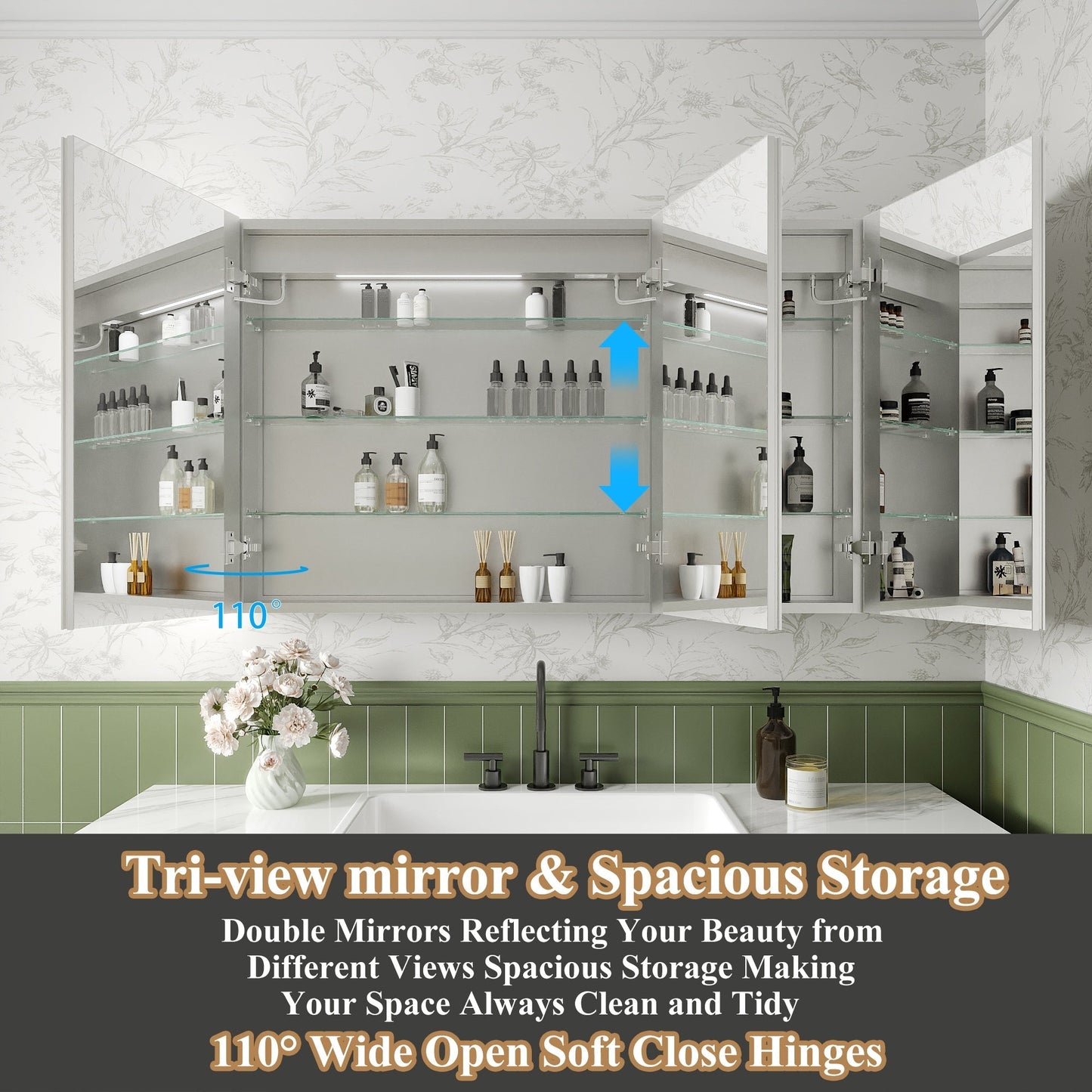 ExBrite Luvia 48-in x 30-in Lighted LED Fog Free Surface/Recessed Mount Silver Mirrored Soft Close Medicine Cabinet with Outlet