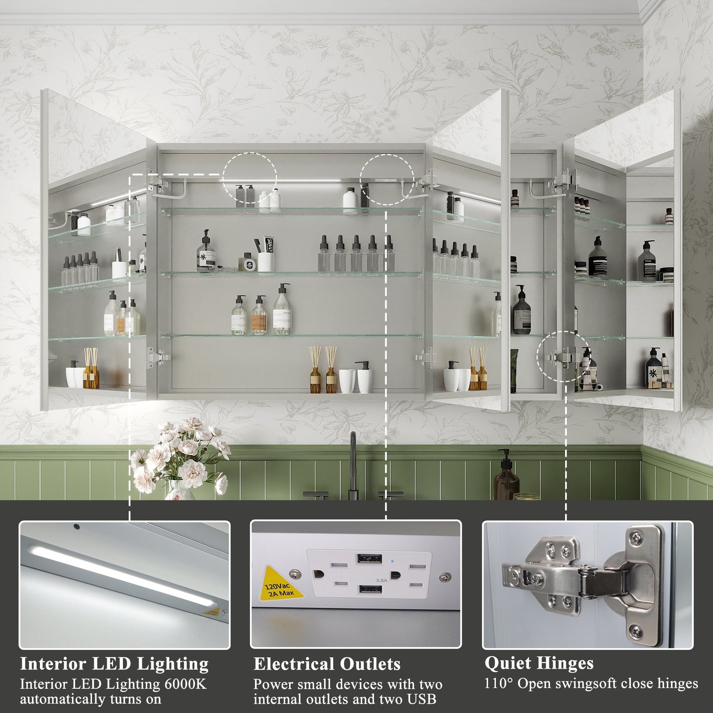 ExBrite Luvia 48-in x 30-in Lighted LED Fog Free Surface/Recessed Mount Silver Mirrored Soft Close Medicine Cabinet with Outlet