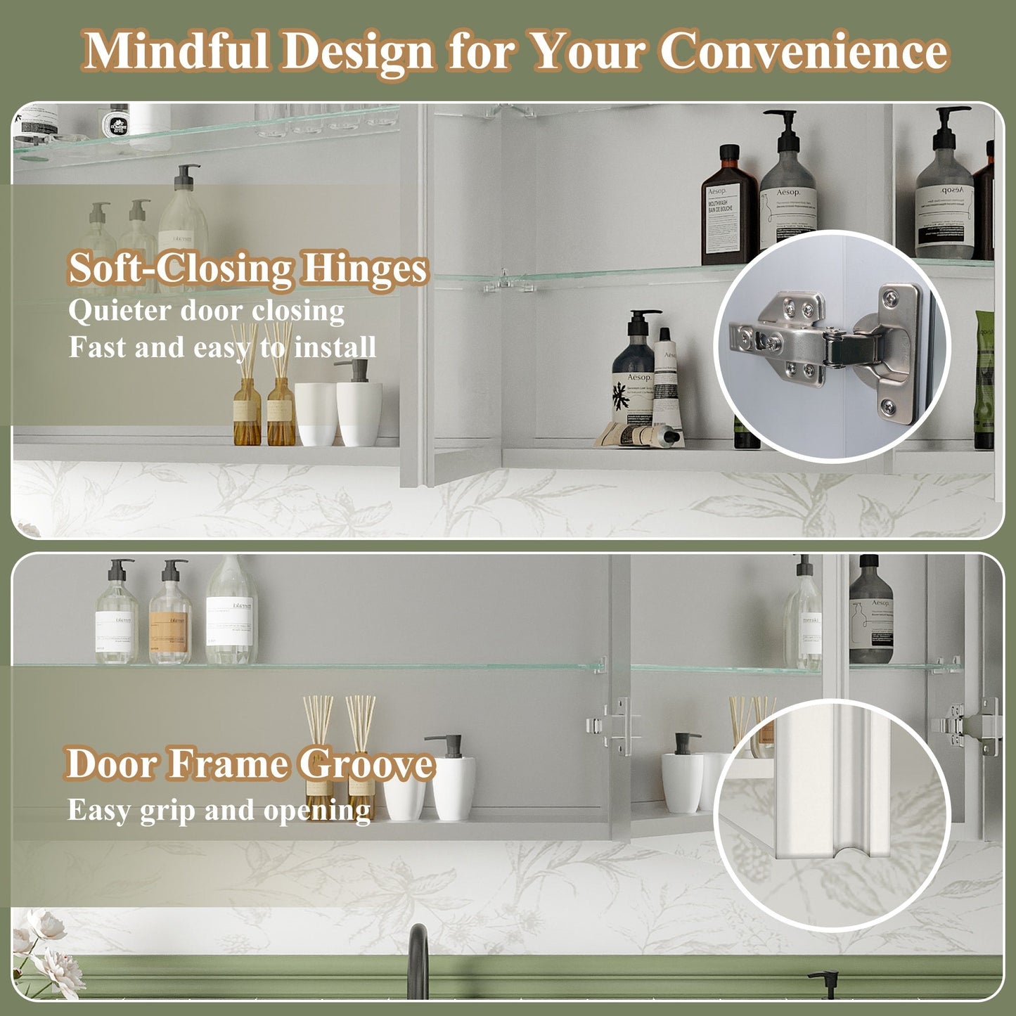 ExBrite Luvia 48-in x 36-in Lighted LED Fog Free Surface/Recessed Mount Silver Mirrored Soft Close Medicine Cabinet with Outlet
