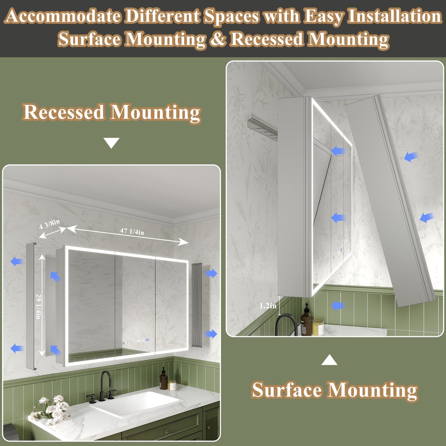 ExBrite Luvia 48-in x 30-in Lighted LED Fog Free Surface/Recessed Mount Silver Mirrored Soft Close Medicine Cabinet with Outlet