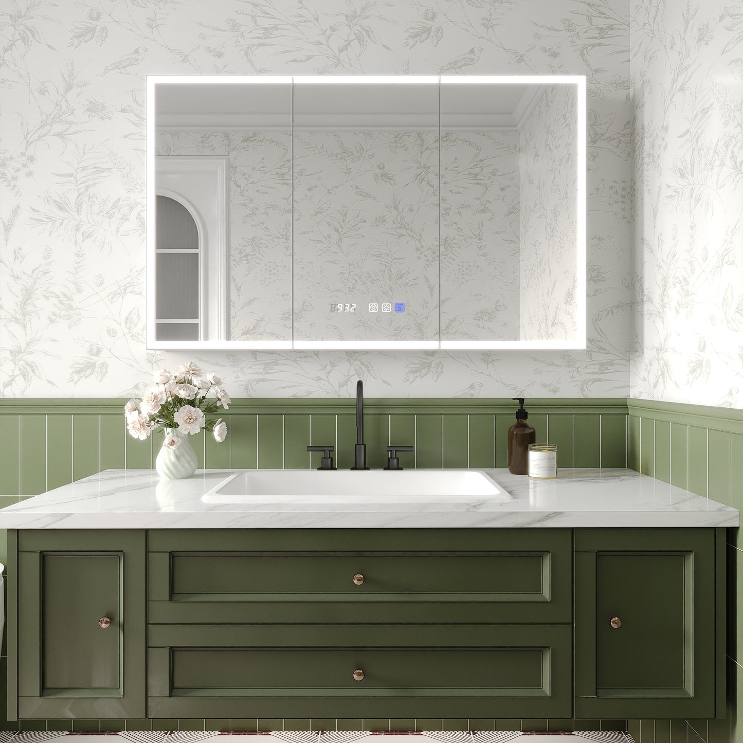 ExBrite Luvia 48-in x 30-in Lighted LED Fog Free Surface/Recessed Mount Silver Mirrored Soft Close Medicine Cabinet with Outlet