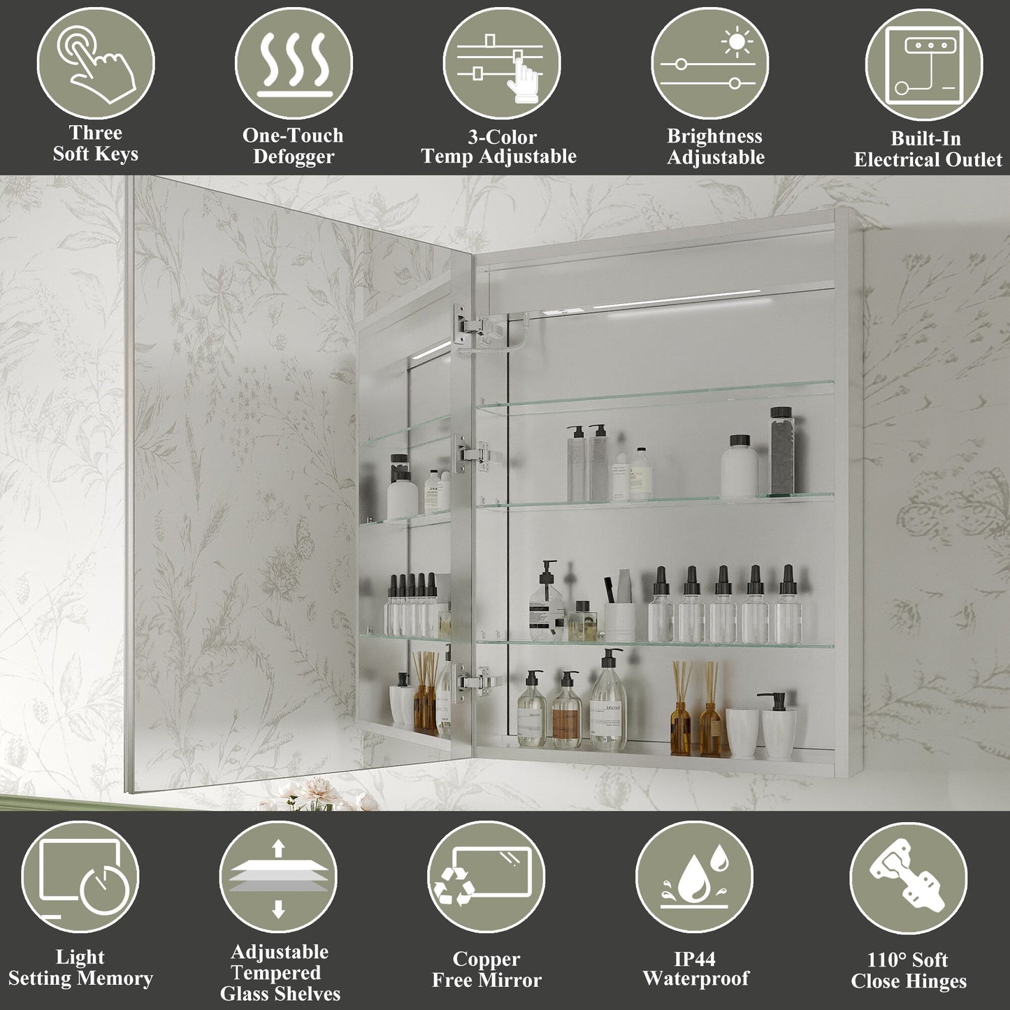ExBrite Luvia 24-in x 32-in Lighted LED Fog Free Surface/Recessed Mount Silver Mirrored Soft Close Medicine Cabinet with Outlet