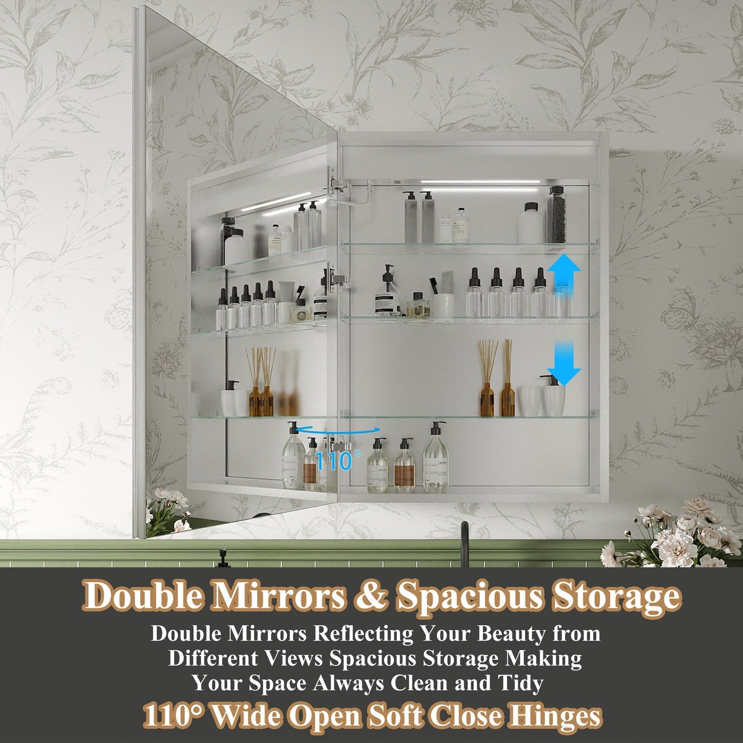 ExBrite Luvia 24-in x 32-in Lighted LED Fog Free Surface/Recessed Mount Silver Mirrored Soft Close Medicine Cabinet with Outlet