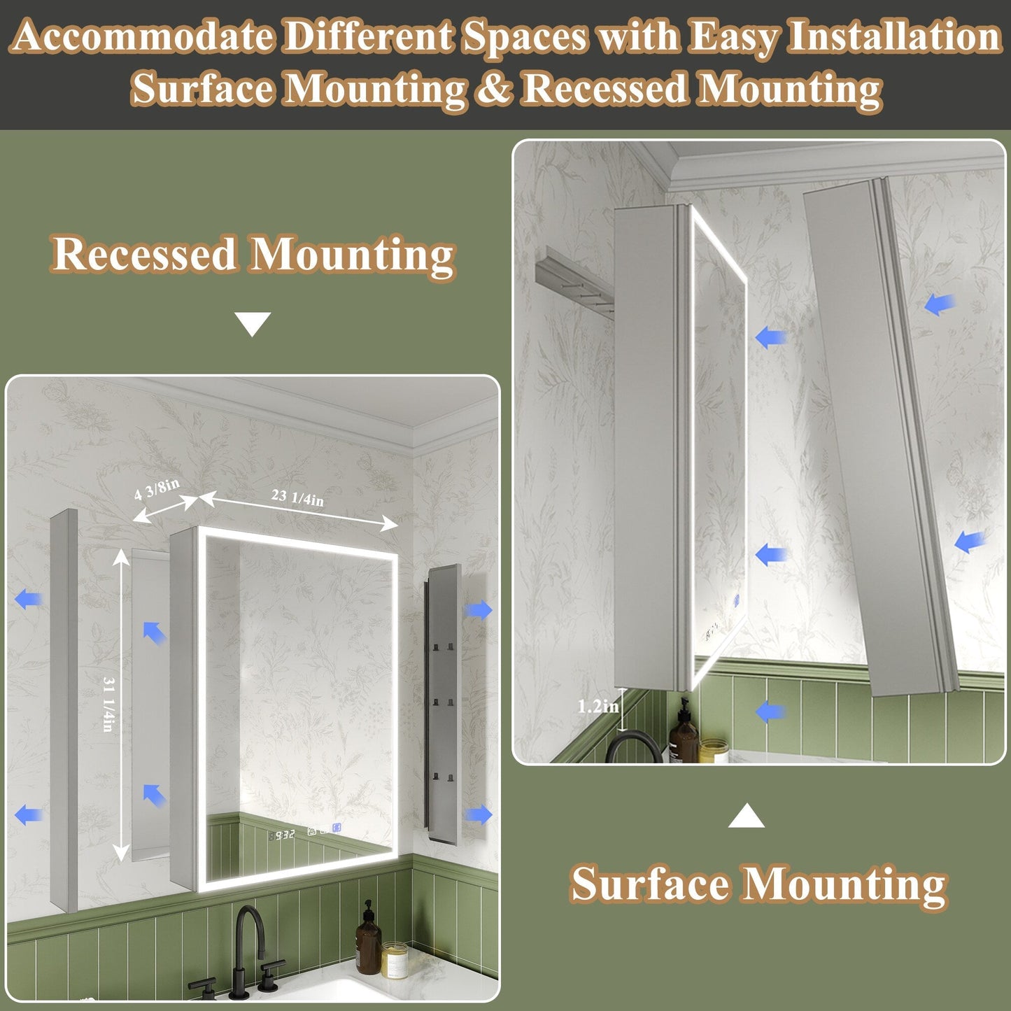 ExBrite Luvia 24-in x 32-in Lighted LED Fog Free Surface/Recessed Mount Silver Mirrored Soft Close Medicine Cabinet with Outlet