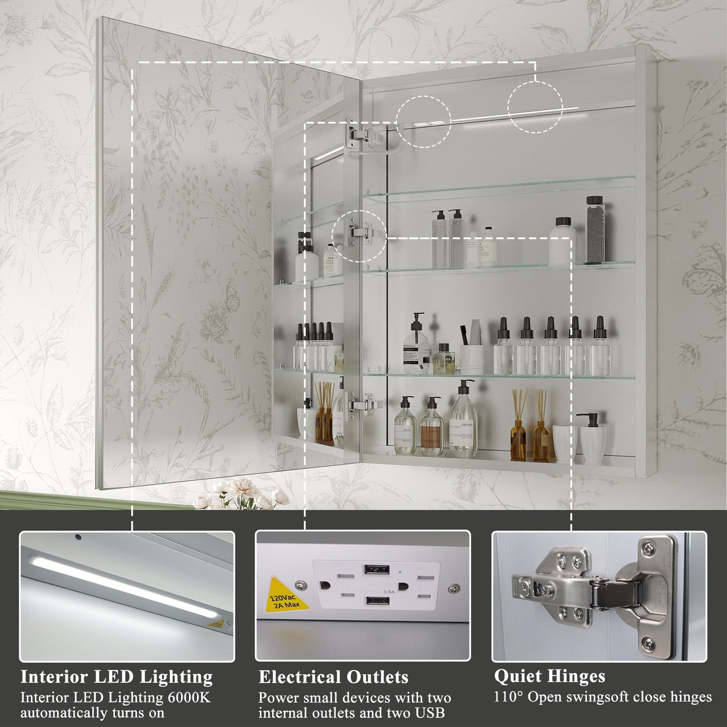 ExBrite Luvia 24-in x 32-in Lighted LED Fog Free Surface/Recessed Mount Silver Mirrored Soft Close Medicine Cabinet with Outlet