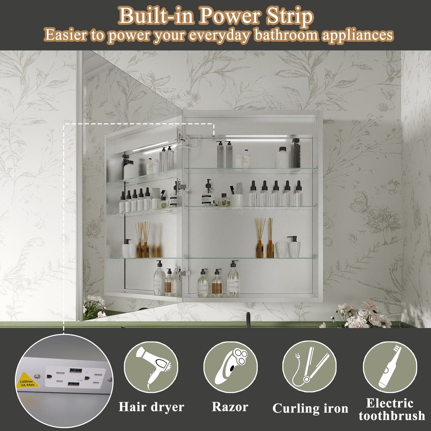 ExBrite Luvia 24-in x 32-in Lighted LED Fog Free Surface/Recessed Mount Silver Mirrored Soft Close Medicine Cabinet with Outlet