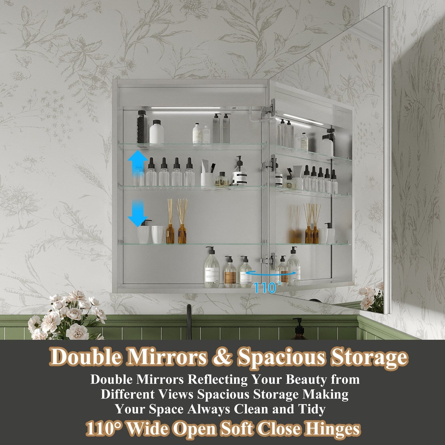 ExBrite Luvia 24-in x 32-in Lighted LED Fog Free Surface/Recessed Mount Silver Mirrored Soft Close Medicine Cabinet with Outlet