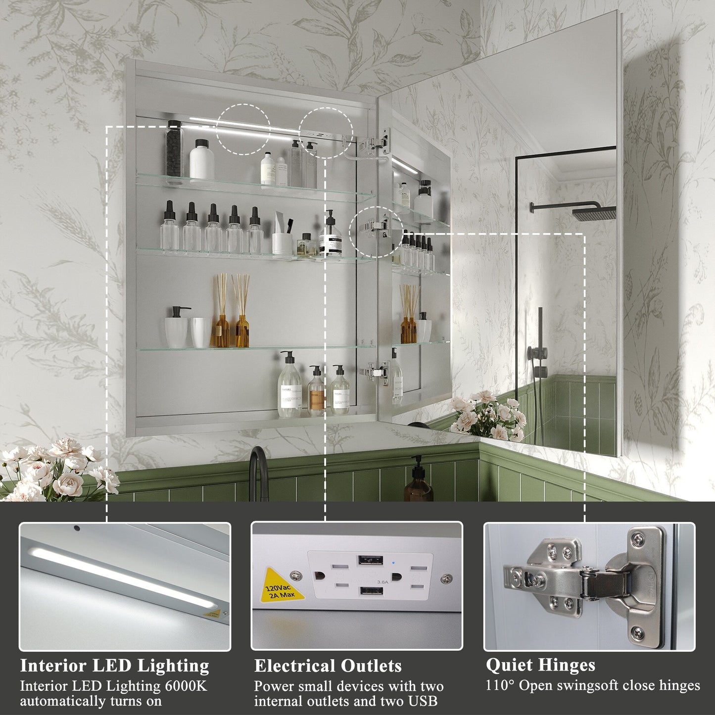 ExBrite Luvia 24-in x 32-in Lighted LED Fog Free Surface/Recessed Mount Silver Mirrored Soft Close Medicine Cabinet with Outlet