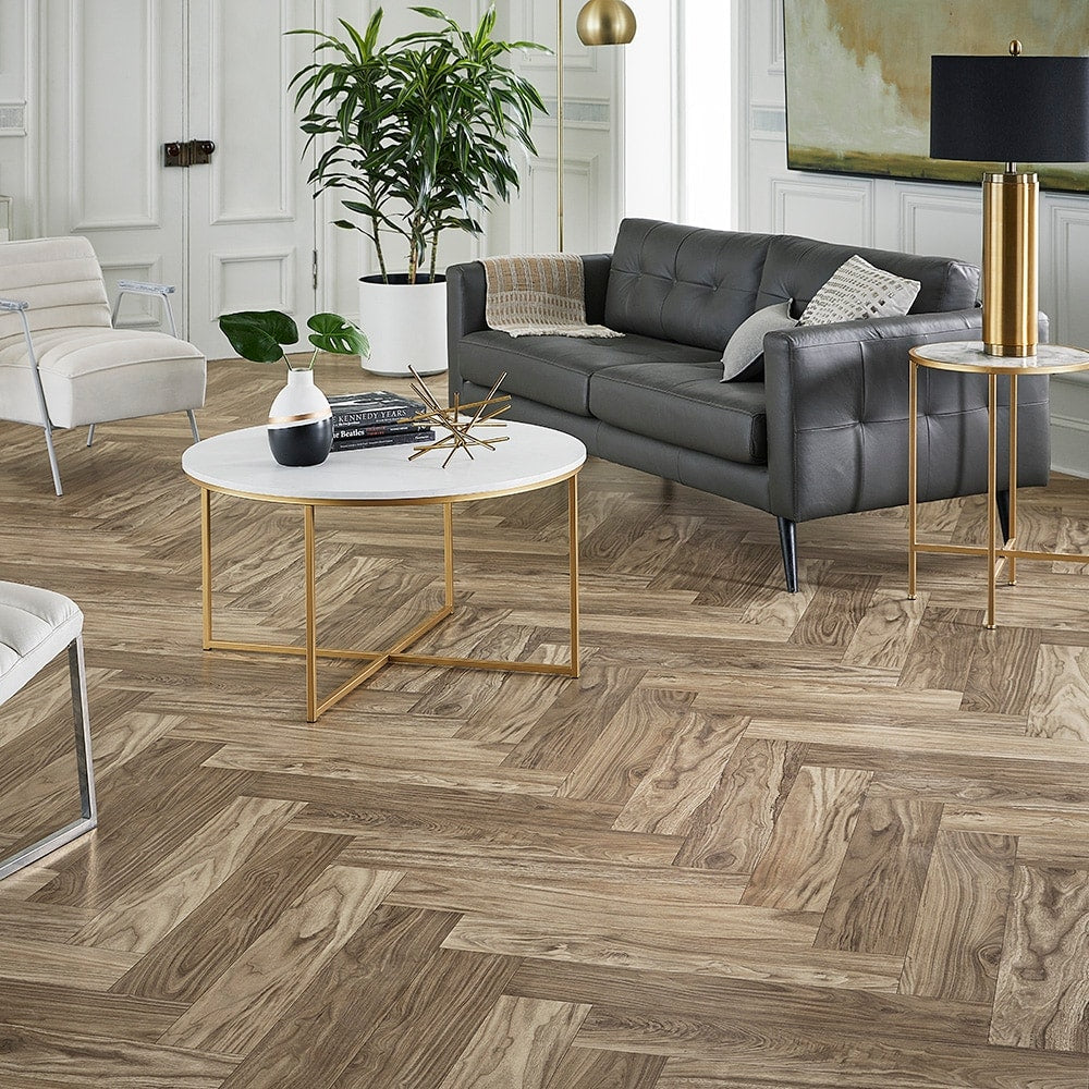 STAINMASTER 12-ft W Cut-to-Length Walnut Herringbone Wood-Look Low-Gloss Sheet Vinyl Flooring