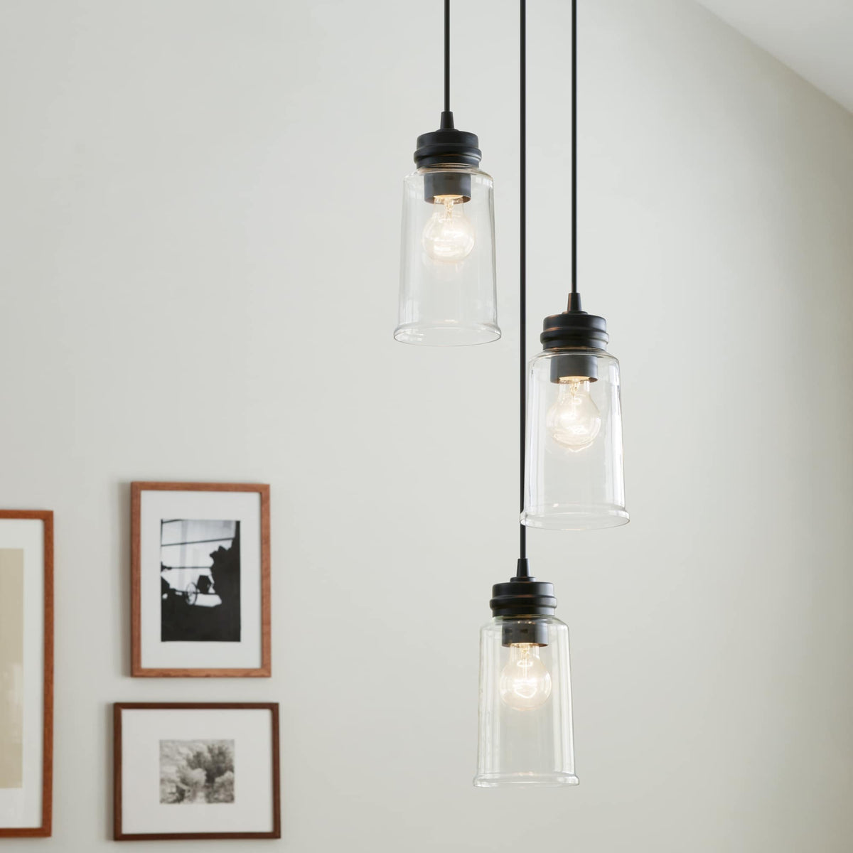 Kichler Jaylen 3-Light Black Farmhouse Clear Glass Cylinder Medium Hanging Pendant Light