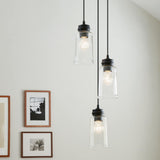 Kichler Jaylen 3-Light Black Farmhouse Clear Glass Cylinder Medium Hanging Pendant Light