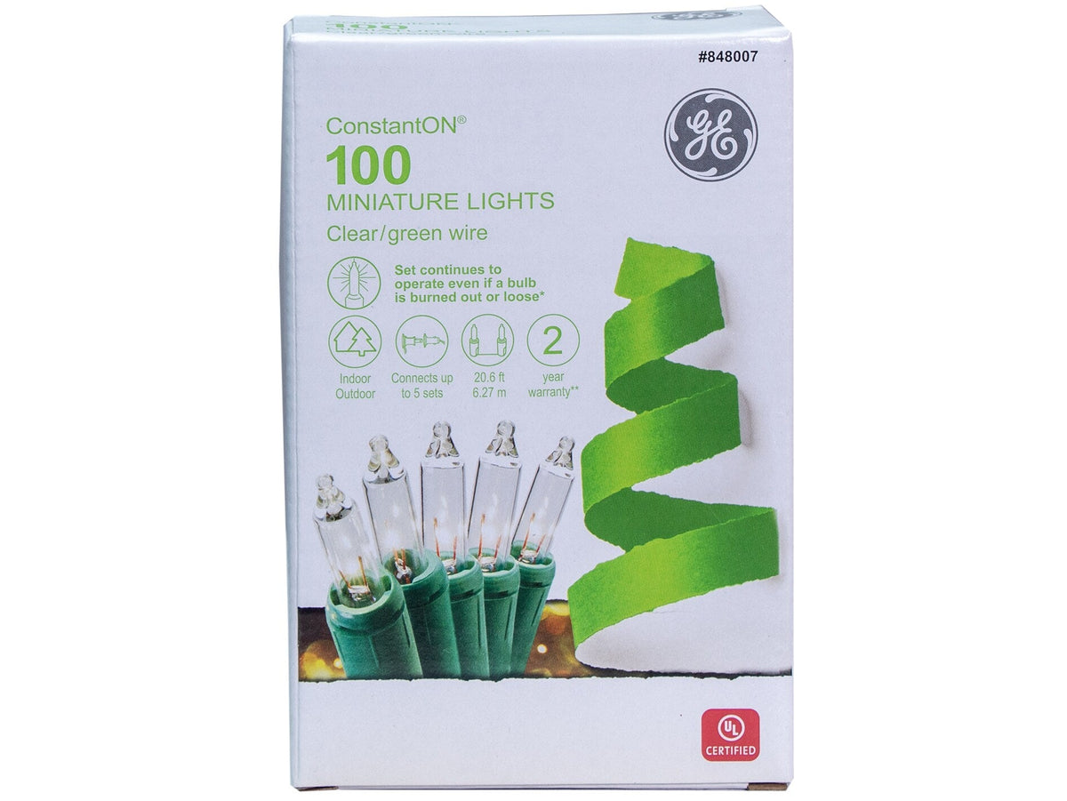 GE ConstantON 100-Count 20.6-ft Clear Incandescent Plug-In Christmas String Lights, Green Wire