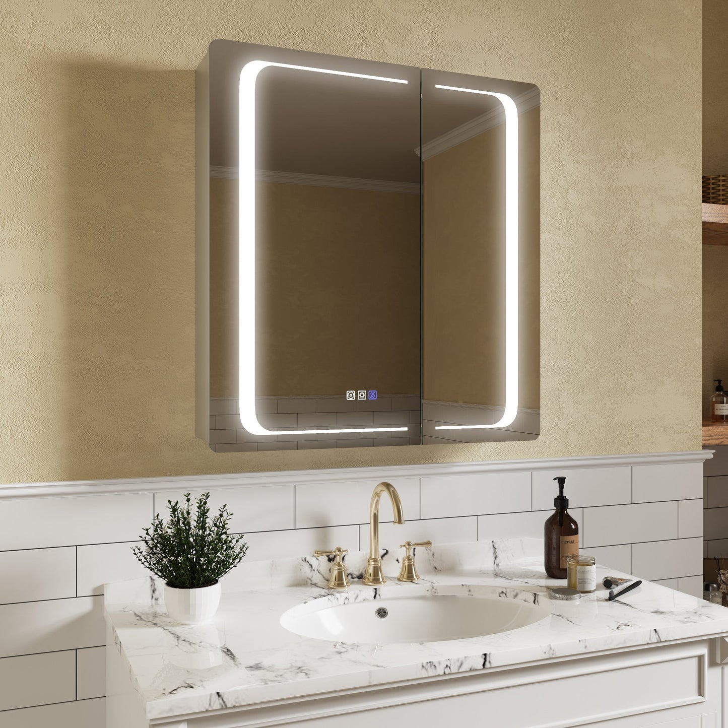 ExBrite Nova 30-in x 32-in Lighted LED Fog Free Surface/Recessed Mount Silver Mirrored Soft Close Medicine Cabinet with Outlet