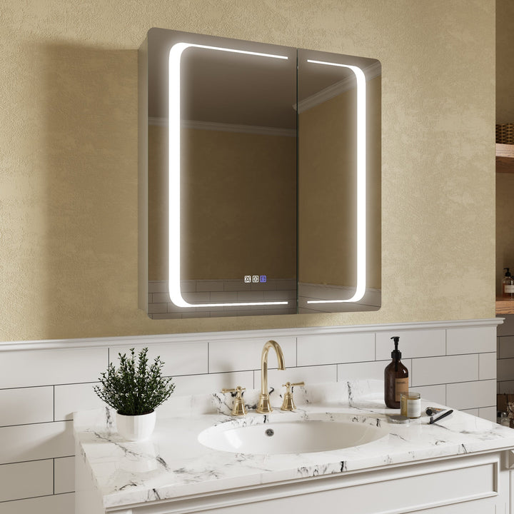 ExBrite Nova 30-in x 32-in Lighted LED Fog Free Surface/Recessed Mount Silver Mirrored Soft Close Medicine Cabinet with Outlet