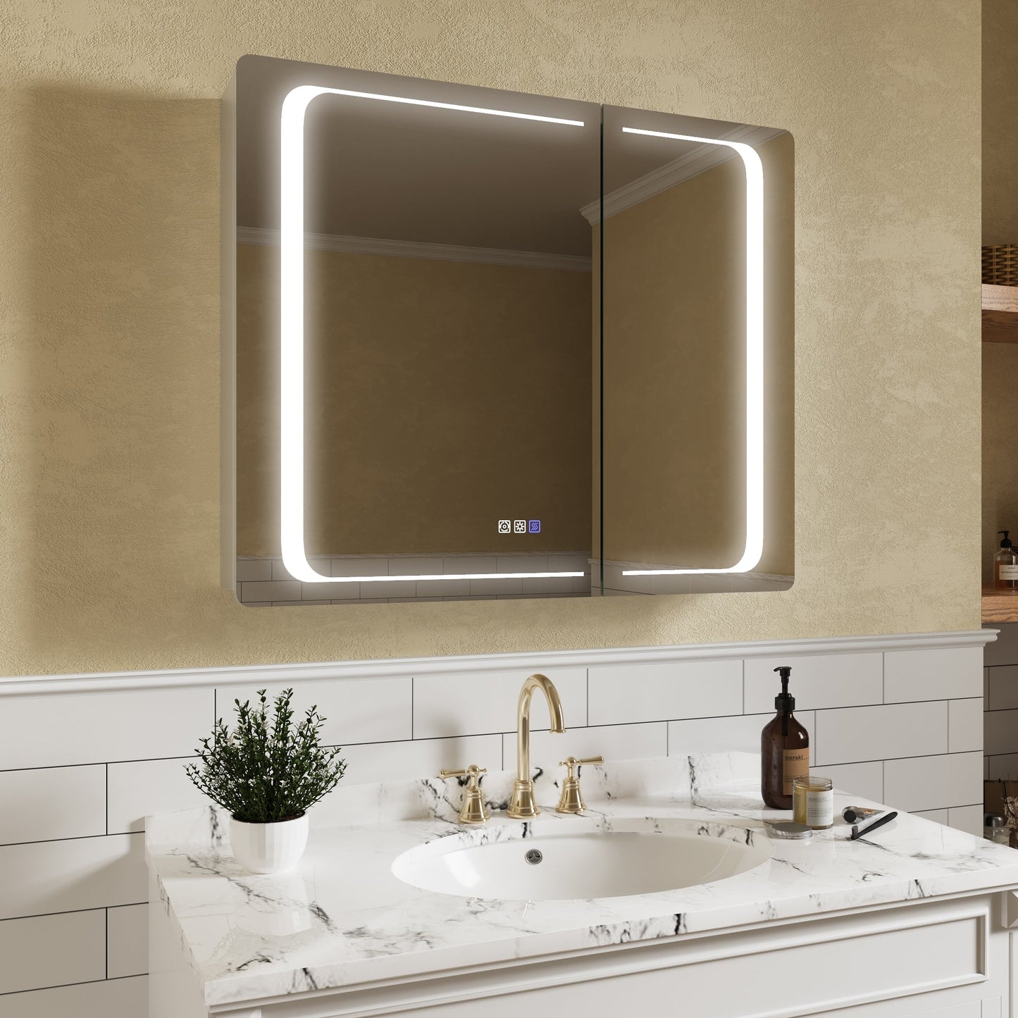 ExBrite Nova 36-in x 30-in Lighted LED Fog Free Surface/Recessed Mount Silver Mirrored Soft Close Medicine Cabinet with Outlet