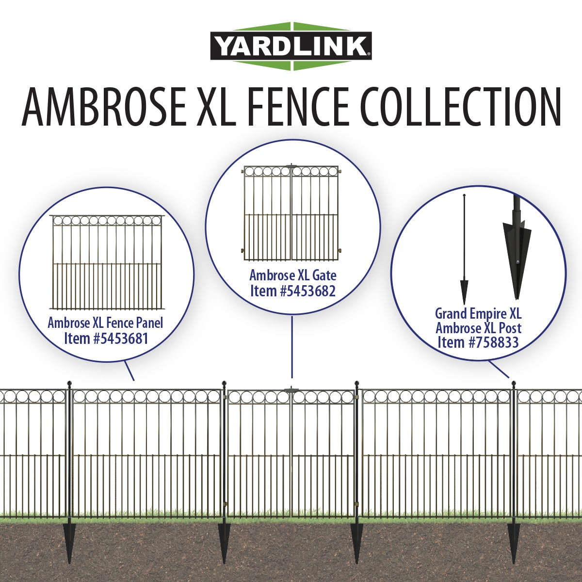YARDLINK Grand Ambrose XL 3-ft H x 4-1/2-ft W Black Powder Coated Steel No Dig Flat-top No Dig Decorative Fence Panel