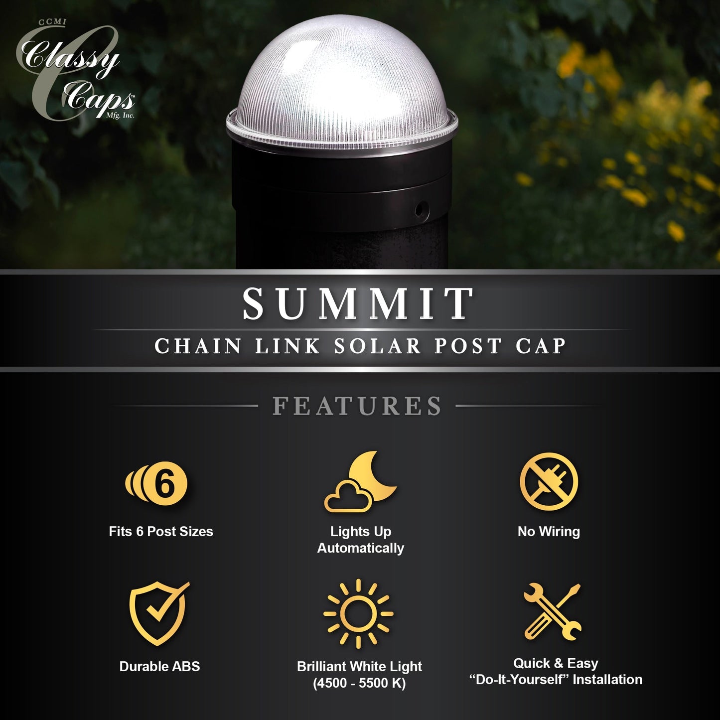Classy Caps 5-Lumen 1-Watt Black Solar LED Outdoor Post Cap Light (4500 K)
