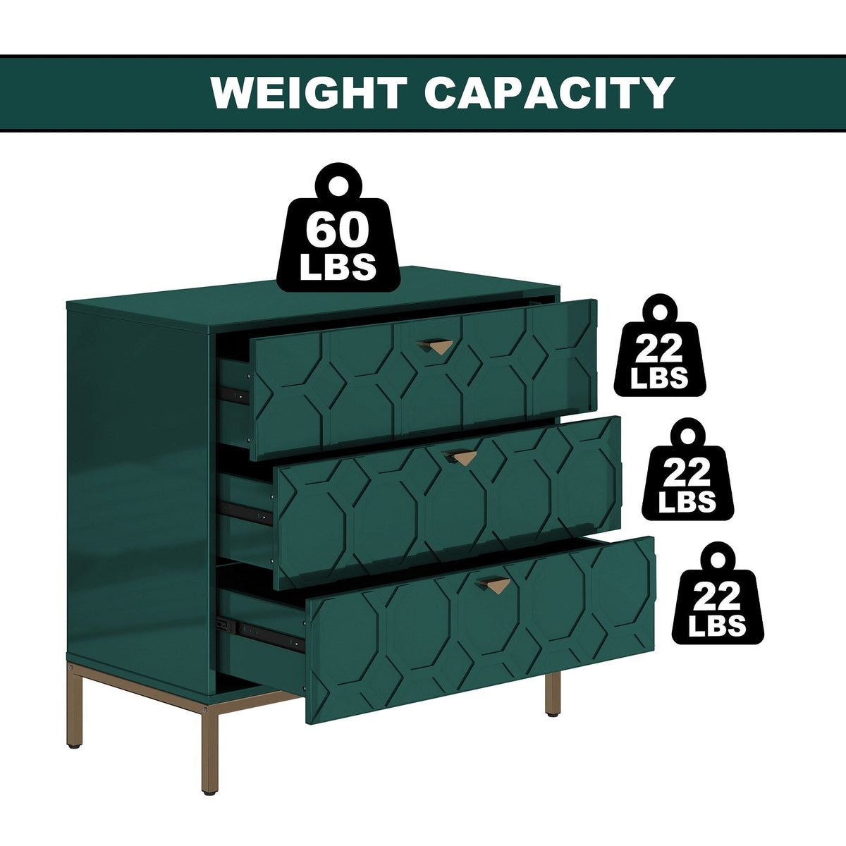 Clihome 3-Drawer MDF Green Storage Cabinet Green Nightstand