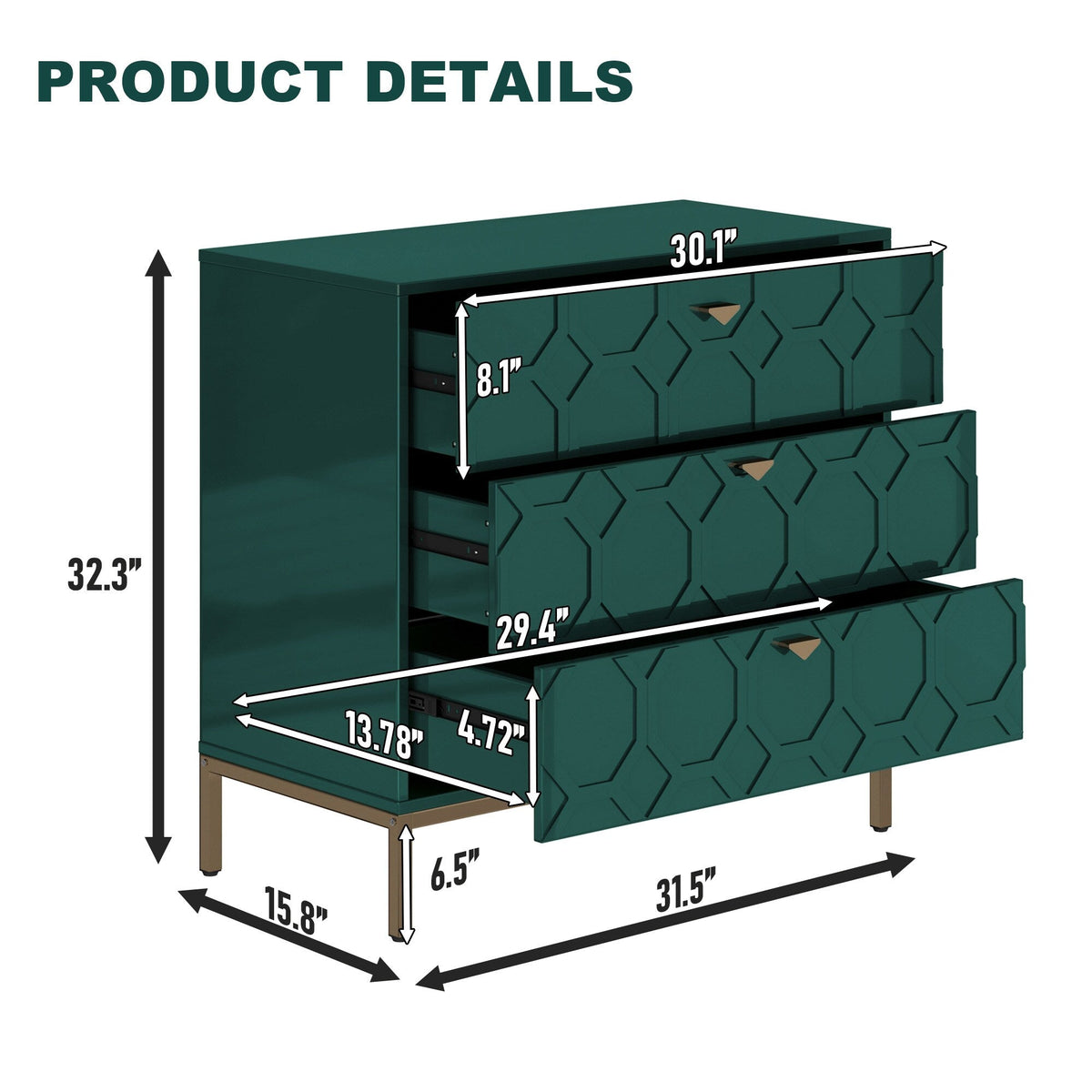 Clihome 3-Drawer MDF Green Storage Cabinet Green Nightstand