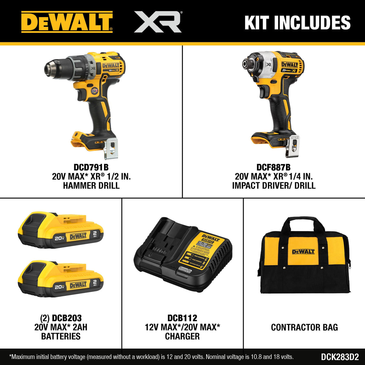 DEWALT XR 2-Tool 20-Volt Max Brushless Power Tool Combo Kit with Soft Case, Charger and 2 Batteries (DCK283D2)