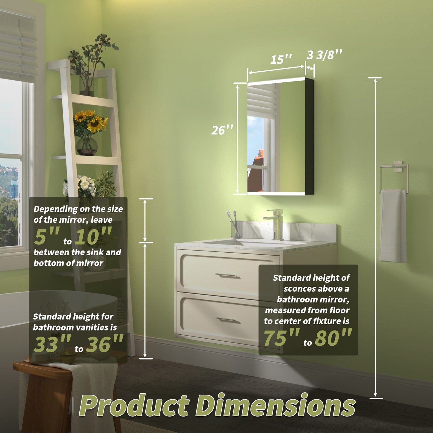 ExBrite Arvona 15-in x 26-in Lighted LED Surface Mount Matte Black Mirrored Medicine Cabinet
